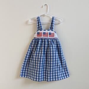 Smocked Auctions Dress Girls Sz 18m Blue Gingham Usa Fourth Of July Boutique